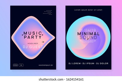 Music fest set. Geometric techno event invitation layout. Electronic sound. Night dance lifestyle holiday. Fluid holographic gradient shape and line. Summer poster and music fest flyer.