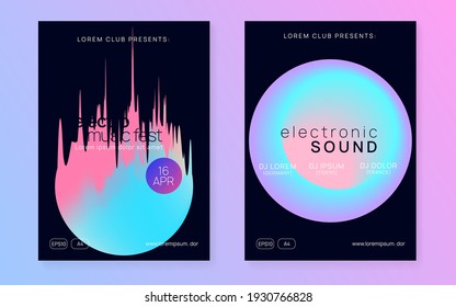 Music fest set. Minimal techno party presentation layout. Electronic sound. Night dance lifestyle holiday. Fluid holographic gradient shape and line. Summer poster and music fest flyer.