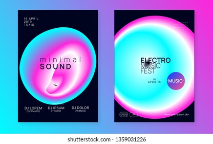 Music fest set. Trendy disco show invitation design. Electronic sound. Night dance lifestyle holiday. Fluid holographic gradient shape and line. Summer poster and music fest flyer.