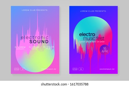 Music fest set. Trendy disco event cover template. Electronic sound. Night dance lifestyle holiday. Fluid holographic gradient shape and line. Summer poster and music fest flyer.