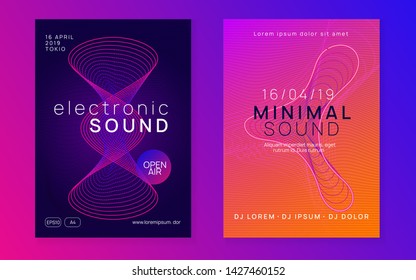 Music fest. Trendy discotheque invitation set. Dynamic fluid shape and line. Music fest neon flyer. Electro dance. Electronic trance sound. Techno dj party. Club event poster.