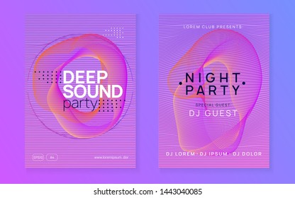 Music fest. Wavy discotheque magazine set. Dynamic gradient shape and line. Music fest neon flyer. Electro dance. Electronic trance sound. Techno dj party. Club event poster.