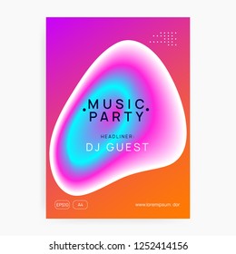 Music fest. Wavy electro event invitation template. Electronic sound. Night dance lifestyle holiday. Fluid holographic gradient shape and line. Summer poster and music fest flyer.