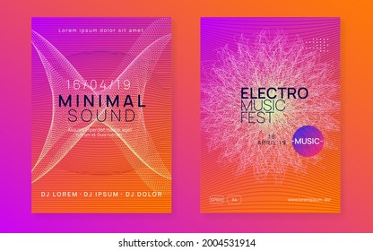 Music fest. Wavy show invitation set. Dynamic gradient shape and line. Music fest neon flyer. Electro dance. Electronic trance sound. Techno dj party. Club event poster.