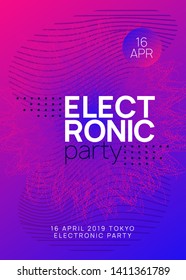 Music fest. Wavy show magazine design. Dynamic gradient shape and line. Music fest neon flyer. Electro dance. Electronic trance sound. Techno dj party. Club event poster.