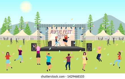 Music festival 2019 flat vector illustration. Open air live performance. Rock, pop musician concert, party in park, camp. Summertime fun outdoor activity. Dancing cartoon characters