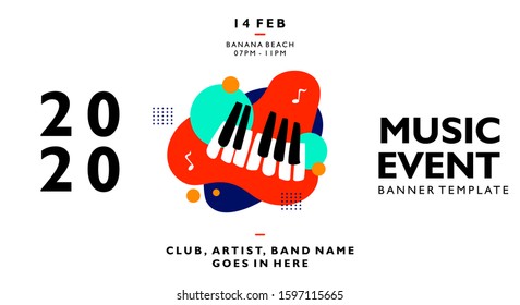 music festival 2020 banner background template with colorful trend colors. Poster for print material, advertisement, and element with piano shape. Vector illustration.