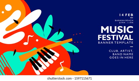 music festival 2020 banner background template with colorful trend colors. Poster for print material, advertisement, and element with piano and guitar shapes. Vector illustration.