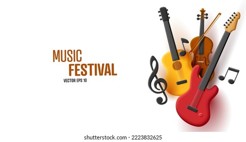 Music festival 3d composition of guitar violin and bass with clef and notes, colorful poster element