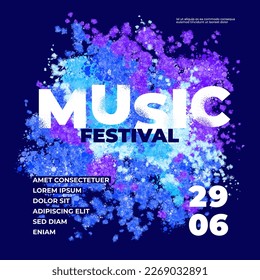 Music festival abstract poster. Colorful explosion. Vibrant color splash. Banner design with glitter for DJ party, event invitation. Multicolored background. Shiny effect. Music fest flyer template