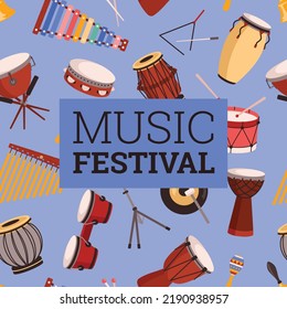 Music festival advertising flyer with music instruments seamless pattern, flat vector illustration. Xylophone, tabla, bell, darbuka and castanets - ethnic and classical musical instruments.