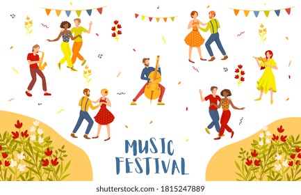 Music Festival advertising poster design with dancing couples and musicians above flowers and text, colored vector illustration