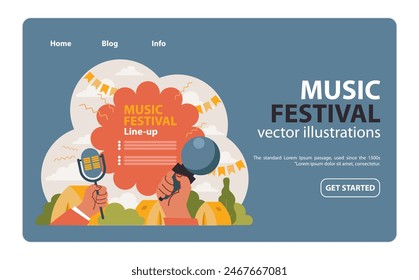 Music Festival anticipation with vibrant scene: hands holding a magnifying glass to the event's line-up and a microphone against a lively outdoor backdrop. Embracing the festival spirit. Flat vector