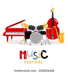 Music festival background with color music instruments isolated on white background. Illustration of music festival, sound instrument, piano and trumpet