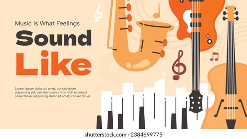 Music festival background. Music fest. Music concert design. Musical event.  musicians, instruments. Vector illustration Template for Poster, Banner, Flyer, Invitation, Card, Social media Post, Cover.