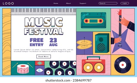 Music festival background. Music fest. Music concert design. Musical event.  musicians, instruments. Vector illustration Template for Poster, Banner, Flyer, Invitation, Card, Social media Post, Cover.