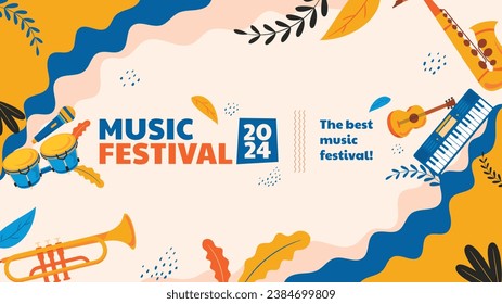 Music festival background. Music fest. Music concert design. Musical event.  musicians, instruments. Vector illustration Template for Poster, Banner, Flyer, Invitation, Card, Social media Post, Cover.