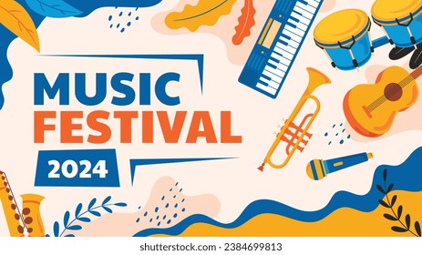 Music festival background. Music fest. Music concert design. Musical event.  musicians, instruments. Vector illustration Template for Poster, Banner, Flyer, Invitation, Card, Social media Post, Cover.