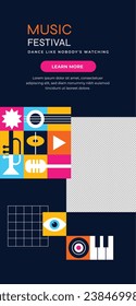 Music festival background. Music fest. Music concert design. Musical event.  musicians, instruments. Vector illustration Template for Poster, Banner, Flyer, Invitation, Card, Social media Post, Cover.