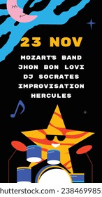 Music festival background. Music fest. Music concert design. Musical event.  musicians, instruments. Vector illustration Template for Poster, Banner, Flyer, Invitation, Card, Social media Post, Cover.