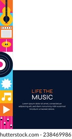 Music festival background. Music fest. Music concert design. Musical event.  musicians, instruments. Vector illustration Template for Poster, Banner, Flyer, Invitation, Card, Social media Post, Cover.