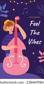 Music festival background. Music fest. Music concert design. Musical event.  musicians, instruments. Vector illustration Template for Poster, Banner, Flyer, Invitation, Card, Social media Post, Cover.