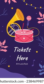 Music festival background. Music fest. Music concert design. Musical event.  musicians, instruments. Vector illustration Template for Poster, Banner, Flyer, Invitation, Card, Social media Post, Cover.