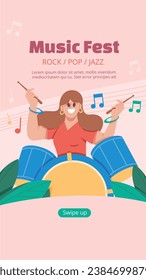 Music festival background. Music fest. Music concert design. Musical event.  musicians, instruments. Vector illustration Template for Poster, Banner, Flyer, Invitation, Card, Social media Post, Cover.