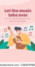 Music festival background. Music fest. Music concert design. Musical event.  musicians, instruments. Vector illustration Template for Poster, Banner, Flyer, Invitation, Card, Social media Post, Cover.