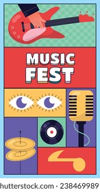 Music festival background. Music fest. Music concert design. Musical event.  musicians, instruments. Vector illustration Template for Poster, Banner, Flyer, Invitation, Card, Social media Post, Cover.