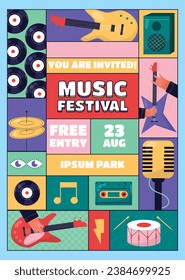 Music festival background. Music fest. Music concert design. Musical event.  musicians, instruments. Vector illustration Template for Poster, Banner, Flyer, Invitation, Card, Social media Post, Cover.