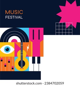 Music festival background. Music fest. Music concert design. Musical event. Musicians, instruments. Vector illustration Template for Poster, Banner, Flyer, Invitation, Card, Social media Post, Cover.