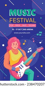 Music festival background. Music fest. Music concert design. Musical event. Musicians, instruments. Vector illustration Template for Poster, Banner, Flyer, Invitation, Card, Social media Post, Cover.