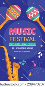 Music festival background. Music fest. Music concert design. Musical event. Musicians, instruments. Vector illustration Template for Poster, Banner, Flyer, Invitation, Card, Social media Post, Cover.