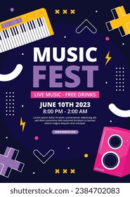 Music festival background. Music fest. Music concert design. Musical event. Musicians, instruments. Vector illustration Template for Poster, Banner, Flyer, Invitation, Card, Social media Post, Cover.