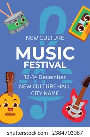 Music festival background. Music fest. Music concert design. Musical event. Musicians, instruments. Vector illustration Template for Poster, Banner, Flyer, Invitation, Card, Social media Post, Cover.