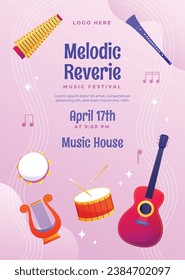 Music festival background. Music fest. Music concert design. Musical event. Musicians, instruments. Vector illustration Template for Poster, Banner, Flyer, Invitation, Card, Social media Post, Cover.