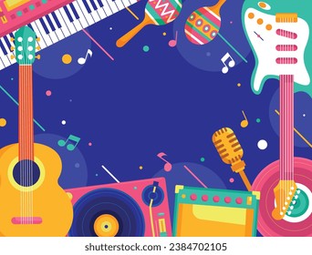 Music festival background. Music fest. Music concert design. Musical event. Musicians, instruments. Vector illustration Template for Poster, Banner, Flyer, Invitation, Card, Social media Post, Cover.