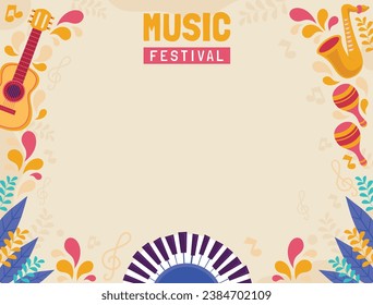 Music festival background. Music fest. Music concert design. Musical event. Musicians, instruments. Vector illustration Template for Poster, Banner, Flyer, Invitation, Card, Social media Post, Cover.