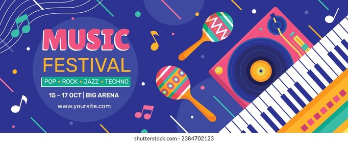 Music festival background. Music fest. Music concert design. Musical event. Musicians, instruments. Vector illustration Template for Poster, Banner, Flyer, Invitation, Card, Social media Post, Cover.