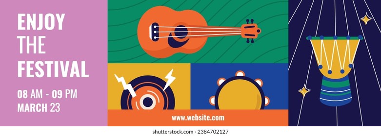 Music festival background. Music fest. Music concert design. Musical event. Musicians, instruments. Vector illustration Template for Poster, Banner, Flyer, Invitation, Card, Social media Post, Cover.