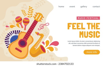 Music festival background. Music fest. Music concert design. Musical event. Musicians, instruments. Vector illustration Template for Poster, Banner, Flyer, Invitation, Card, Social media Post, Cover.