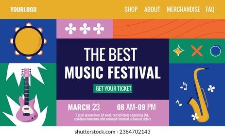 Music festival background. Music fest. Music concert design. Musical event. Musicians, instruments. Vector illustration Template for Poster, Banner, Flyer, Invitation, Card, Social media Post, Cover.