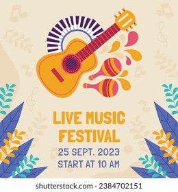 Music festival background. Music fest. Music concert design. Musical event. Musicians, instruments. Vector illustration Template for Poster, Banner, Flyer, Invitation, Card, Social media Post, Cover.