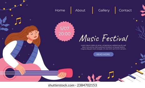 Music festival background. Music fest. Music concert design. Musical event. Musicians, instruments. Vector illustration Template for Poster, Banner, Flyer, Invitation, Card, Social media Post, Cover.