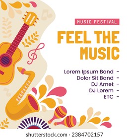 Music festival background. Music fest. Music concert design. Musical event. Musicians, instruments. Vector illustration Template for Poster, Banner, Flyer, Invitation, Card, Social media Post, Cover.