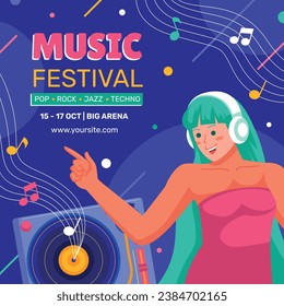 Music festival background. Music fest. Music concert design. Musical event. Musicians, instruments. Vector illustration Template for Poster, Banner, Flyer, Invitation, Card, Social media Post, Cover.