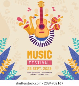 Fondo del festival de música. Festival de música. Diseño de conciertos musicales. Evento musical. Músicos, instrumentos. Plantilla de ilustración vectorial para afiches, banner, volante, invitación, tarjeta, publicación en medios sociales, portada.