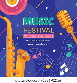 Music festival background. Music fest. Music concert design. Musical event. Musicians, instruments. Vector illustration Template for Poster, Banner, Flyer, Invitation, Card, Social media Post, Cover.