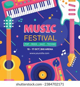 Music festival background. Music fest. Music concert design. Musical event. Musicians, instruments. Vector illustration Template for Poster, Banner, Flyer, Invitation, Card, Social media Post, Cover.